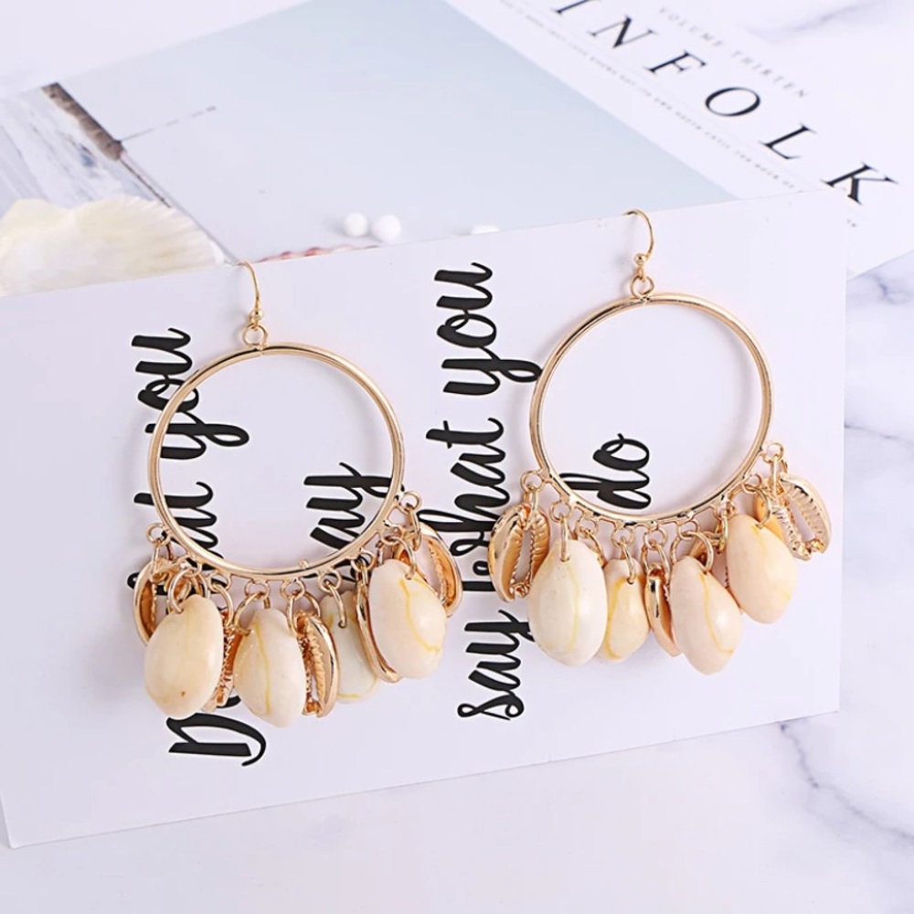 Bohemian Gold Hoop Cowrie Shell Earrings - Picture 5 of 6
